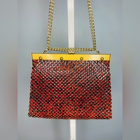Vintage Whiting & David Tortise Shell Mesh Crossbody Bag Black Red & Gold - Picture 1 of 9